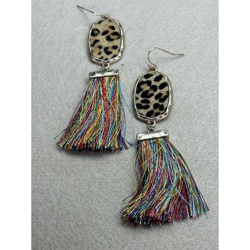 Leopard Print Rainbow Tassel Fringe Dangle Earrings Boho Statement NWT New Gift